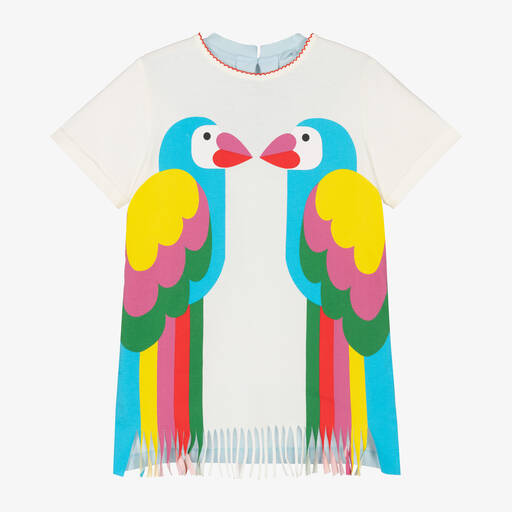 Stella McCartney Kids-Girls Ivory Cotton Parrot Fringe Hem Dress | Childrensalon Outlet