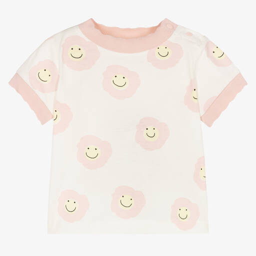 Stella McCartney Kids-تيشيرت قطن عضوي لون عاجي وزهري بطبعة ورود | Childrensalon Outlet