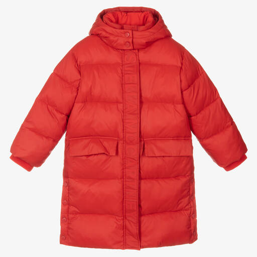 Stella McCartney Kids-Girls Red Hooded Puffer Coat | Childrensalon Outlet