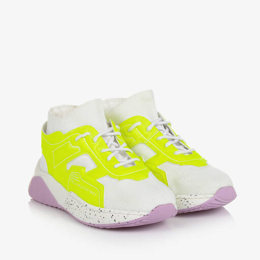 Stella McCartney Kids-Girls White & Neon Yellow Lace-Up Sock Trainers | Childrensalon Outlet