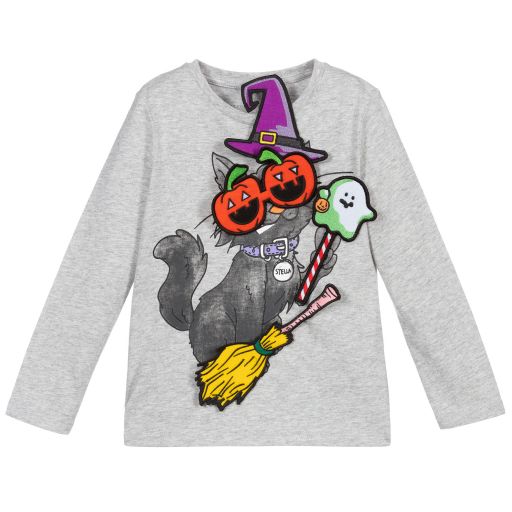 Stella McCartney Kids-Grey Lucky Cat Cotton Top | Childrensalon Outlet