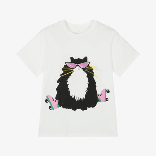 Stella McCartney Kids-تيشيرت عاجي بقطعة قماش على شكل قطة للبنات | Childrensalon Outlet