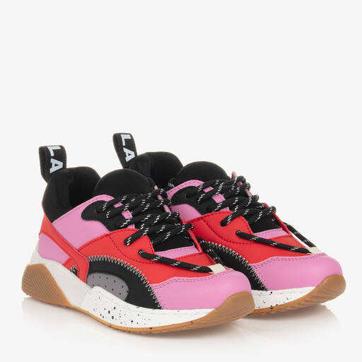 Stella McCartney Kids-ترينرز بأربطة جلد صناعي وقماش لون أسود وزهري | Childrensalon Outlet