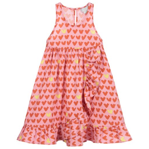 Stella McCartney Kids-Розово-красное платье из вискозы с сердечками | Childrensalon Outlet