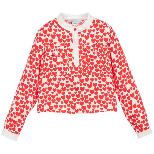 Stella McCartney Kids-بلوز فيسكوز لون أبيض و أحمر بطبعة قلوب | Childrensalon Outlet