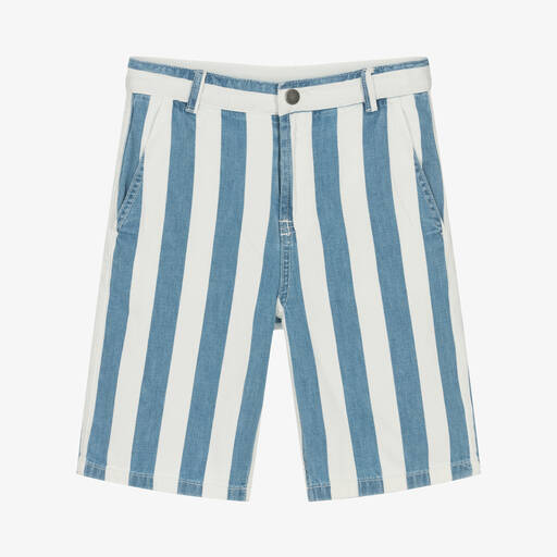 Stella McCartney Kids-شورت قطن عضوي دنيم مقلم لون أبيض وأزرق | Childrensalon Outlet
