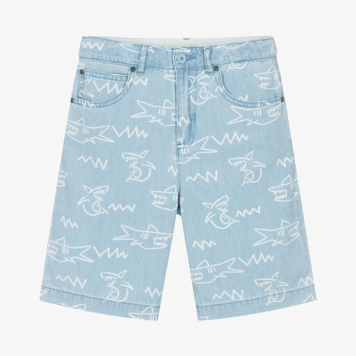 Stella McCartney Kids-Teen Boys Light Blue Cotton Shark Shorts | Childrensalon Outlet