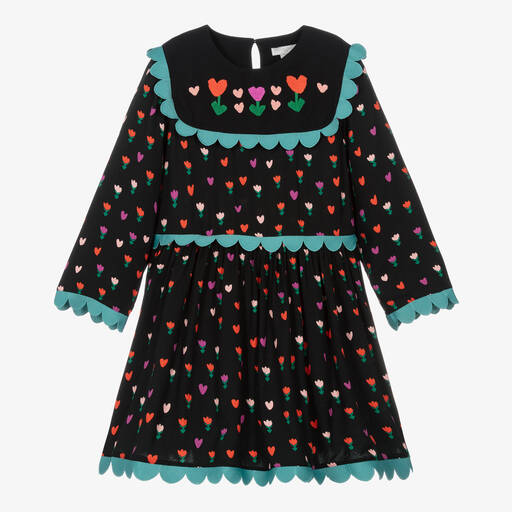 Stella McCartney Kids-فستان بطبعة قلوب وتوليب فيسكوز لون أسود تينز بناتي | Childrensalon Outlet