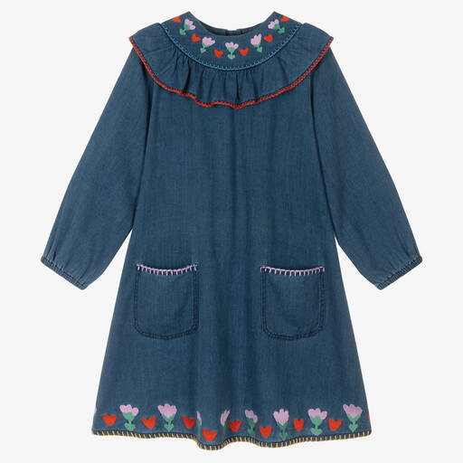 Stella McCartney Kids-فستان قطن عضوي دنيم مطرز لون أزرق تينز بناتي | Childrensalon Outlet