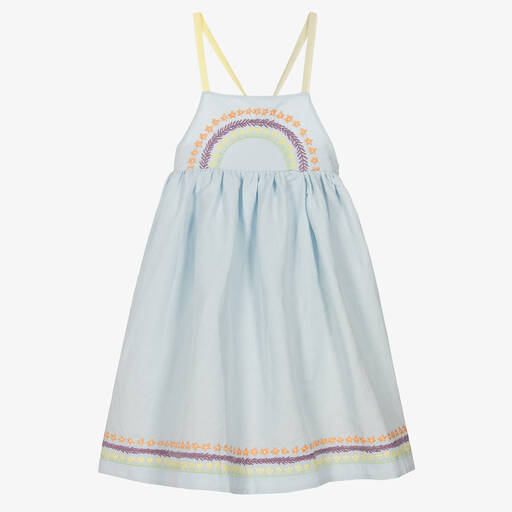 Stella McCartney Kids-فستان تينز بناتي مزيج كتان مطرز لون أزرق فاتح | Childrensalon Outlet