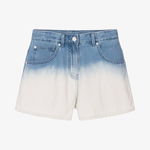 Stella McCartney Kids-شورت قطن عضوي دنيم لون أزرق وأبيض أومبري | Childrensalon Outlet