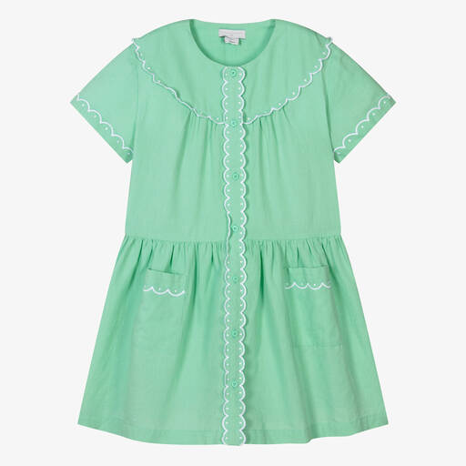 Stella McCartney Kids-فستان قطن وكتان لون أخضر للمراهقات | Childrensalon Outlet