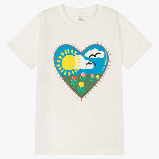 Stella McCartney Kids-Teen Girls Ivory Cotton Heart Logo T-Shirt | Childrensalon Outlet