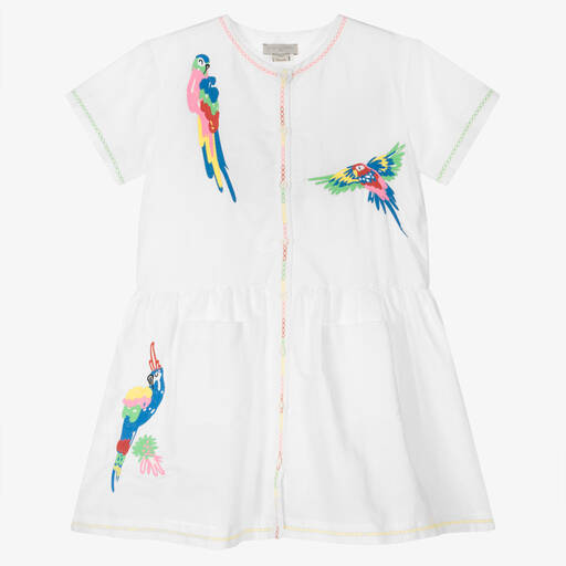 Stella McCartney Kids-Teen Girls White Cotton & Linen Parrot Dress | Childrensalon Outlet