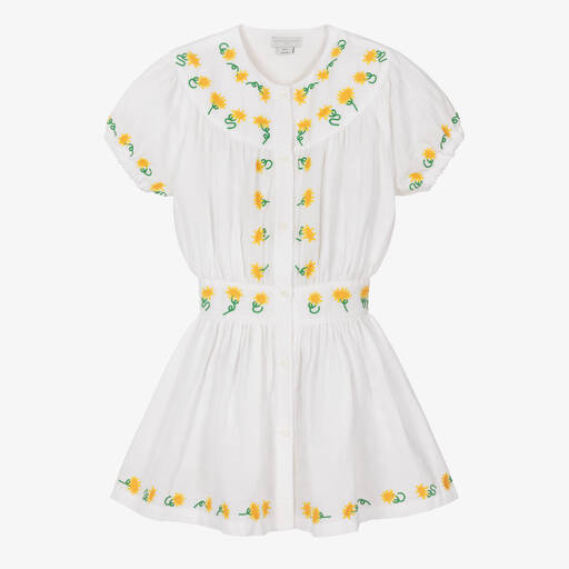 Stella McCartney Kids-فستان قطن وكتان مطرز لون أبيض للمراهقات | Childrensalon Outlet