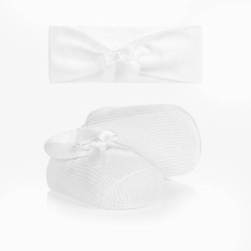 Story Loris-Girls White Bow Hairband & Booties Set | Childrensalon Outlet