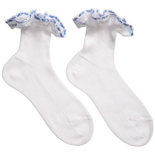 Story Loris-Girls White Cotton Socks with Blue Ribbon  | Childrensalon Outlet
