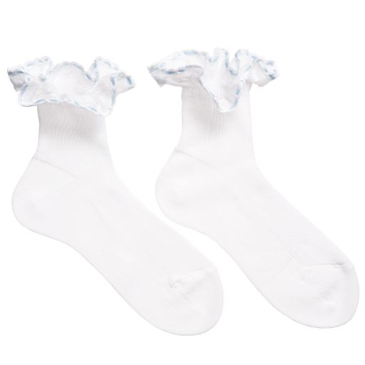 Story Loris-Girls White Cotton Socks with Pale Blue Ribbon Ruffles | Childrensalon Outlet