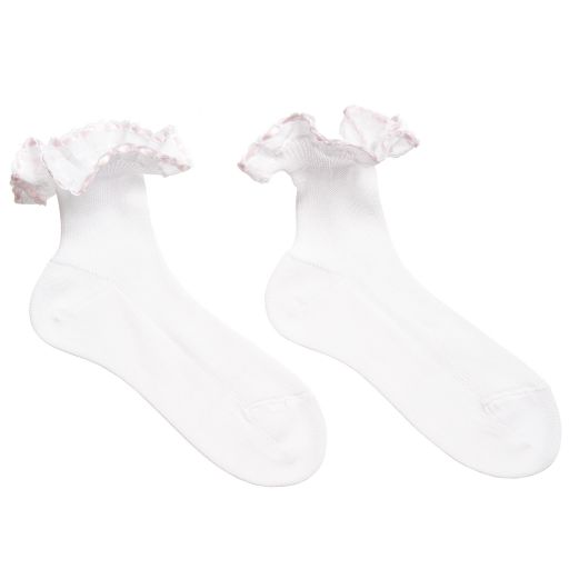 Story Loris-Girls White Cotton Socks with Pale Pink Ribbon Ruffles | Childrensalon Outlet