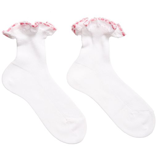 Story Loris-Girls White Cotton Socks with Pink Ribbon Ruffles | Childrensalon Outlet