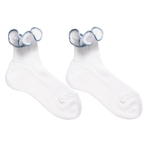 Story Loris-Girls White & Sky Blue Ruffle Socks | Childrensalon Outlet