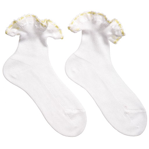 Story Loris-Girls White Socks with Yellow Ribbon Ruffles | Childrensalon Outlet