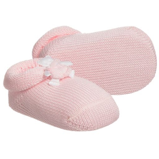 Story Loris-Pink Cotton Booties with Bear | Childrensalon Outlet