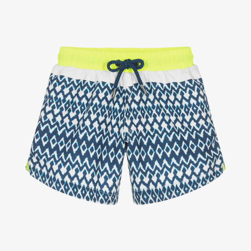 Sunuva-Boys White & Blue Ikat Print Swim Shorts | Childrensalon Outlet