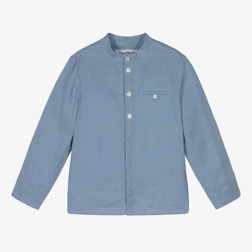 Tartine et Chocolat-Boys Blue Linen Collarless Shirt | Childrensalon Outlet