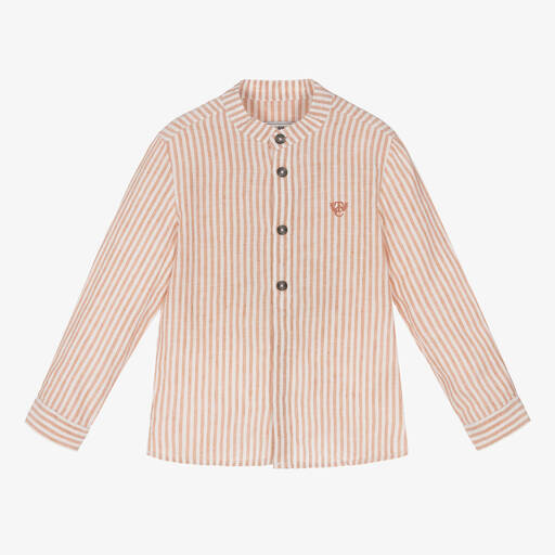 Tartine et Chocolat-Boys Brown & White Striped Linen Shirt | Childrensalon Outlet