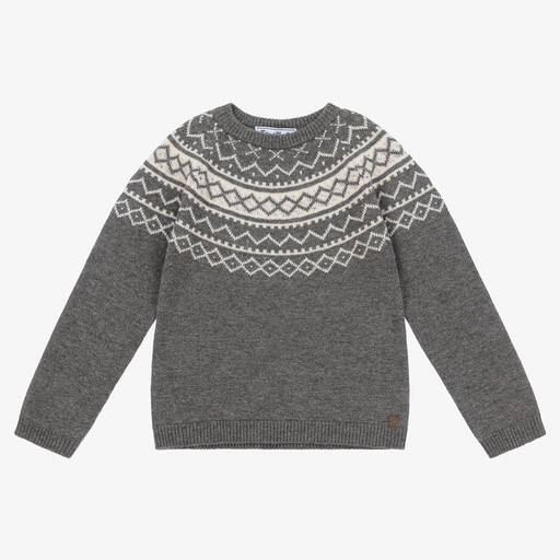 Tartine et Chocolat-Boys Grey Wool Fair Isle Sweater | Childrensalon Outlet