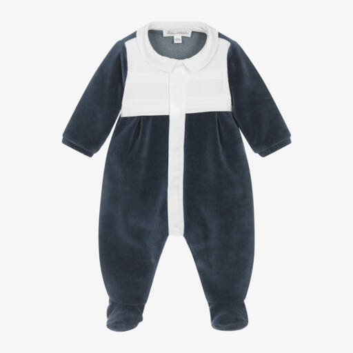 Tartine et Chocolat-Boys Navy Velour Babygrow | Childrensalon Outlet