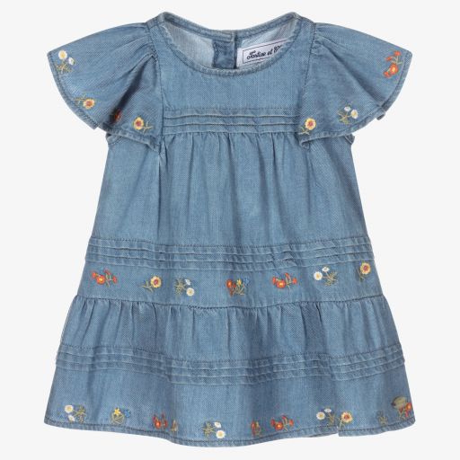 Tartine et Chocolat-Girls Blue Chambray Dress | Childrensalon Outlet