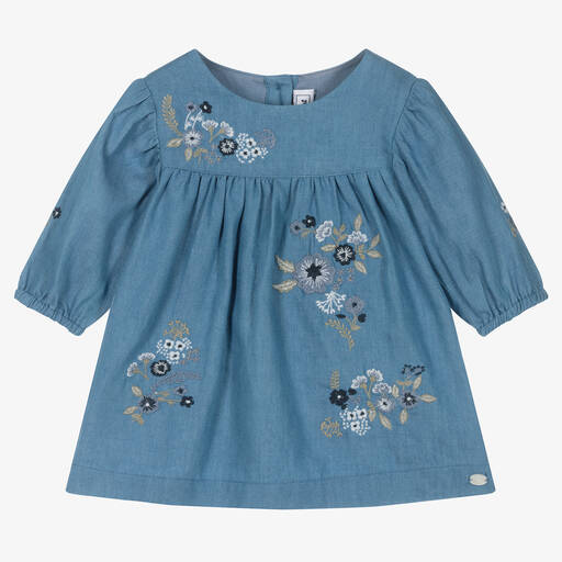 Tartine et Chocolat-Girls Blue Embroidered Chambray Dress | Childrensalon Outlet