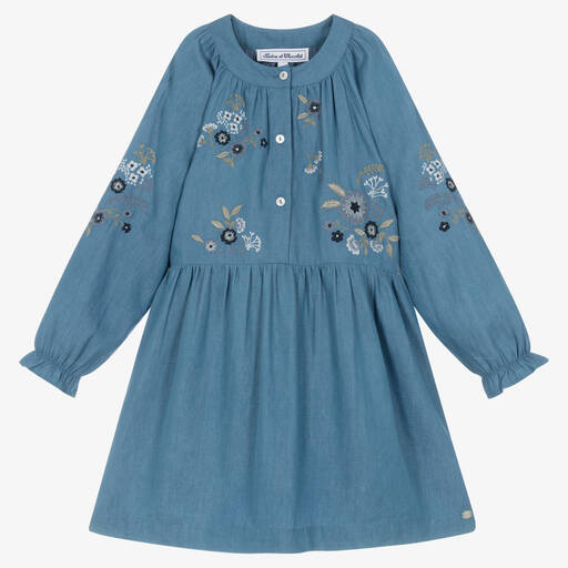Tartine et Chocolat-Голубое платье из шамбре с цветами | Childrensalon Outlet