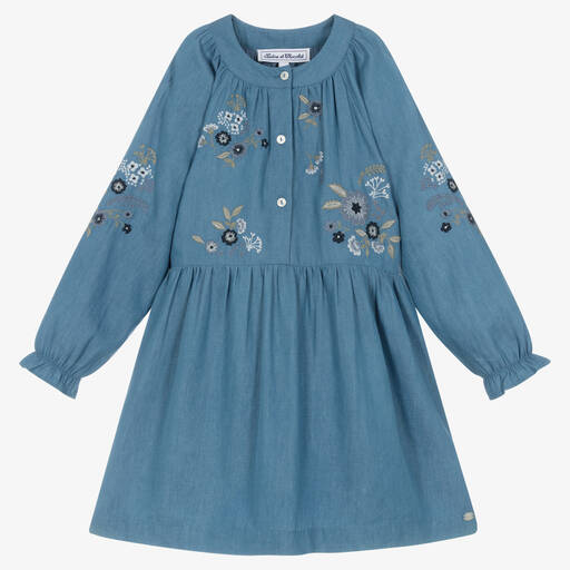 Tartine et Chocolat-Blaues geblümtes Chambray-Kleid | Childrensalon Outlet