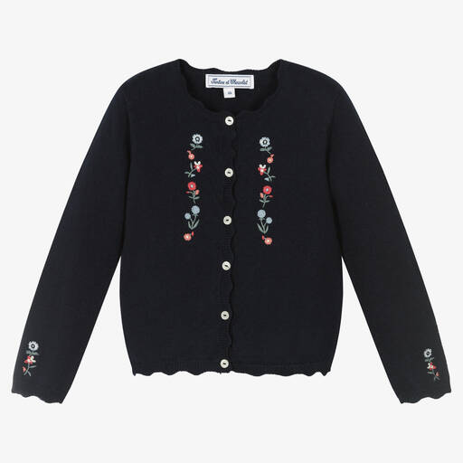 Tartine et Chocolat-Cardigan fleuri bleu en maille Fille | Childrensalon Outlet