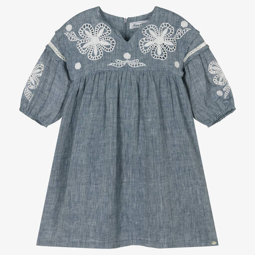 Tartine et Chocolat-Girls Blue Linen Chambray Dress | Childrensalon Outlet