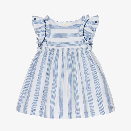Tartine et Chocolat-Girls Blue Stripe Cotton & Linen Dress | Childrensalon Outlet