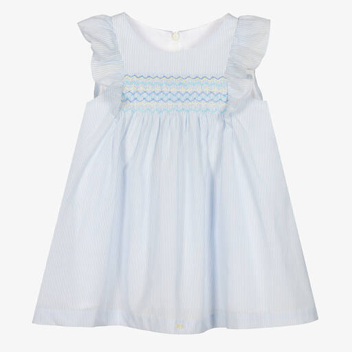 Tartine et Chocolat-Girls Blue Stripe Hand-Smocked Dress | Childrensalon Outlet