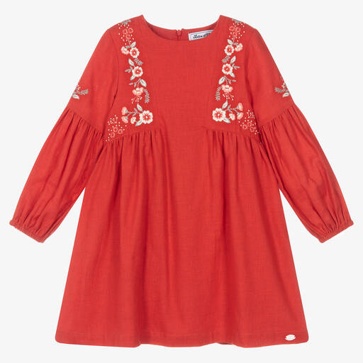 Tartine et Chocolat-Girls Brick Red Embroidered Cotton Dress | Childrensalon Outlet
