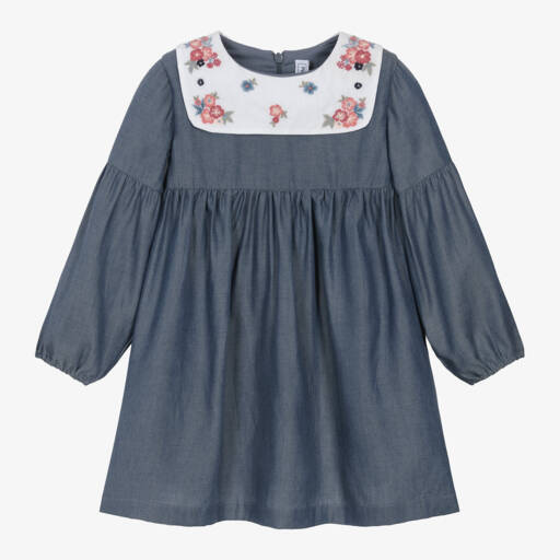 Tartine et Chocolat-Girls Chambray Embroidered Collar Dress | Childrensalon Outlet