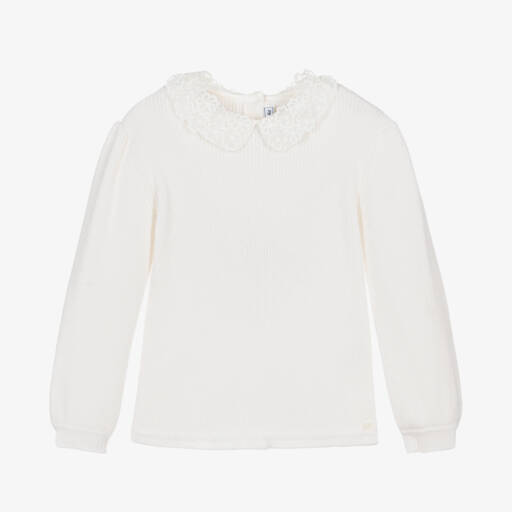 Tartine et Chocolat-Girls Cream Knit Sweater with Floral Collar | Childrensalon Outlet