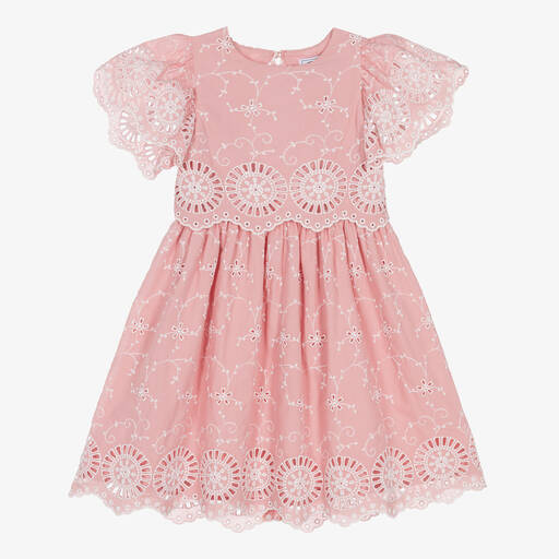 Tartine et Chocolat-Girls Dusky Pink Cotton Broderie Anglaise Dress | Childrensalon Outlet