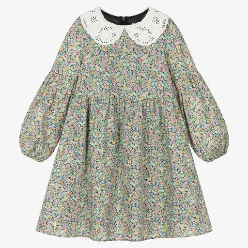 Tartine et Chocolat-Girls Green Floral Cotton Dress | Childrensalon Outlet