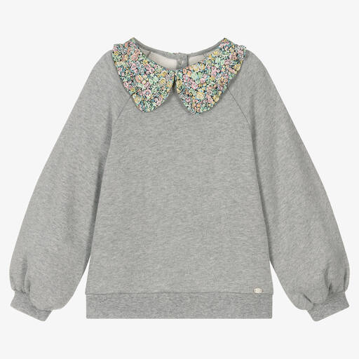 Tartine et Chocolat-Girls Grey Floral Collar Sweatshirt | Childrensalon Outlet