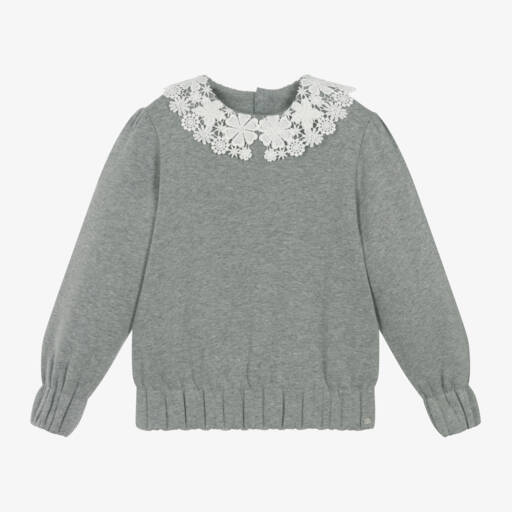 Tartine et Chocolat-Girls Grey Lace Trim Jumper | Childrensalon Outlet