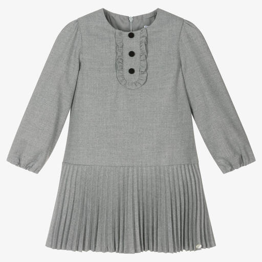 Tartine et Chocolat-Girls Grey Pleated Flannel Dress | Childrensalon Outlet