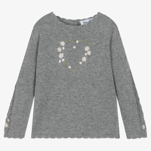 Tartine et Chocolat-Girls Grey Wool & Cashmere Heart Sweater | Childrensalon Outlet