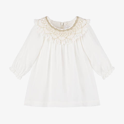 Tartine et Chocolat-Girls Ivory Crêpe Ruffle Dress | Childrensalon Outlet